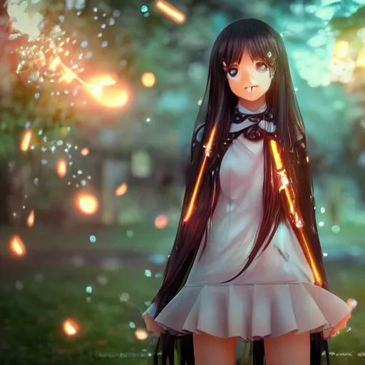 Image similar to Anime Teenage female Mage, outdoors lighting, astral background, symmetrical face and body, confident, smile, detailed moisture, detailed droplets, detailed intricate hair strands, DSLR, ray tracing reflections, eye reflections, focused, unreal engine 5, vfx, post processing, post production, Arcane Style, 8k