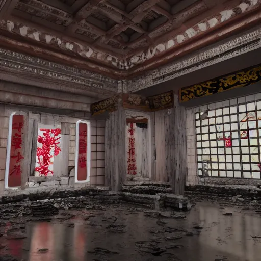 Image similar to destroyed old shintoist temple interior, detailed, jewelry, sakura,photograph, award wining, red and white, trending on artstation, 4k, unreal engine 5, octane render, neon highlights