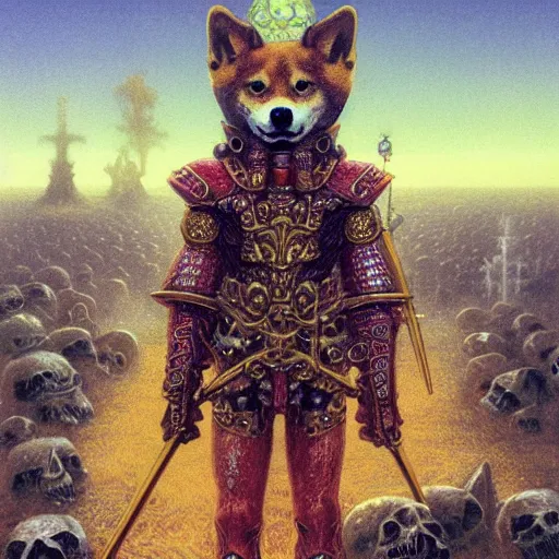 Image similar to anthropomorphic shiba inu, wearing gold armor, standing on pile of skulls, graveyard of skulls, fantasy 3 d render, masterpiece, glowing red light aura, by donato giancola and greg rutkowski and wayne barlow and zdzisław beksinski, realistic face