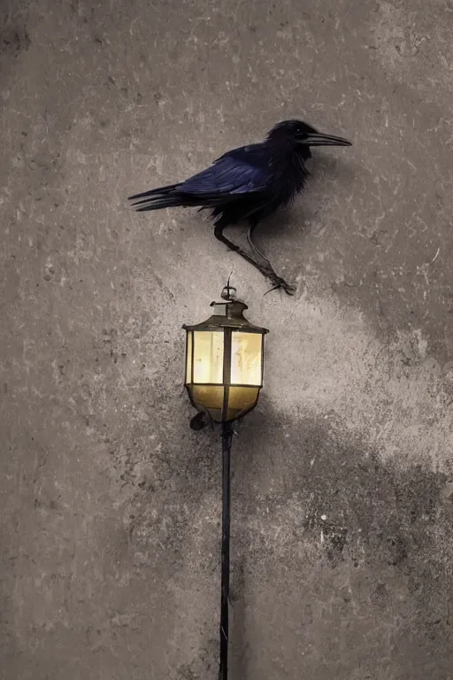 Image similar to photo of dark raven standing in a shadow from deep purple light of lantern, mystery, mysterious, soft shadows, soft dark muted colors, simple shapes, golden ratio, perfect composition, dramatic, medium close - up ( mcu ), cannon ef, 5 0 mm, f / 2. 8