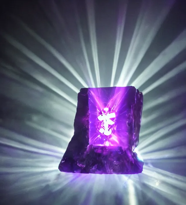 Image similar to luminous punisher symbol deep purple crystal growing in a cave with smoke and light rays.