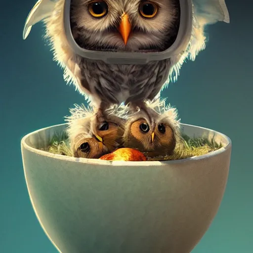 Image similar to long shot of a very cute owl chick nesting in a very futuristic cup, esao andrews, humorous illustration, hyperrealistic, big depth of field, warm colors, night scenery, low light, 3 d octane render, 4 k, conceptart, hyperdetailed, hyperrealistic, trending on artstation