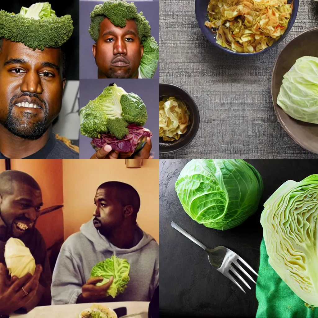 Prompt: [ [ [ [ kanye west ] ] ] [ [ eating cabbage ] ] ], [ kanye west ]