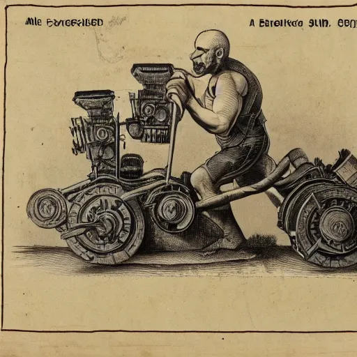 Image similar to a muscular bald man carrying engines on his back, technical diagram