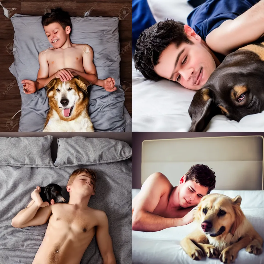 Prompt: Boy lying on bed stroking his dog - stock photo