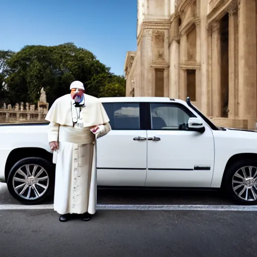 Image similar to The pope wearing a gangster chain and throwing gang signs in front of a white escalade, 4k, digital photograph