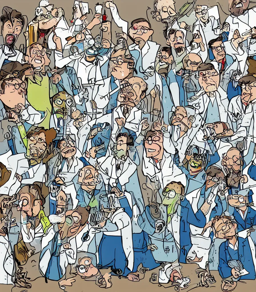 Image similar to a beautiful artwork of scientists throwing a party in a messy laboratory, comic, chaotic, funny drawing