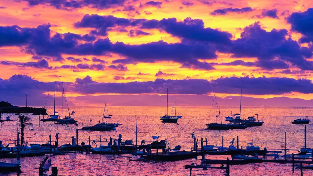 Image similar to Paisible sunset at Lahaina Maui, some boats, a few birds in the sky, sharp focus, illustration, paisible night lighting, incredible Photography wild angle 35mm