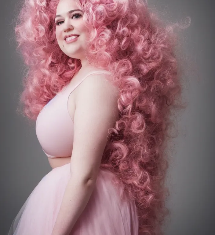 Prompt: a photograph of rose quartz from steven universe, portrait photography, 8 5 mm, iso 4 0 0, focus mode, detailed portrait, gigantic tight pink ringlets, huge curly pink hair, plus size, extremely beautiful and ethereal, warm smile, magical, white dress, pink diamond embedded in her navel, gorgeous, kind features, beautiful woman, flattering photo, daylight