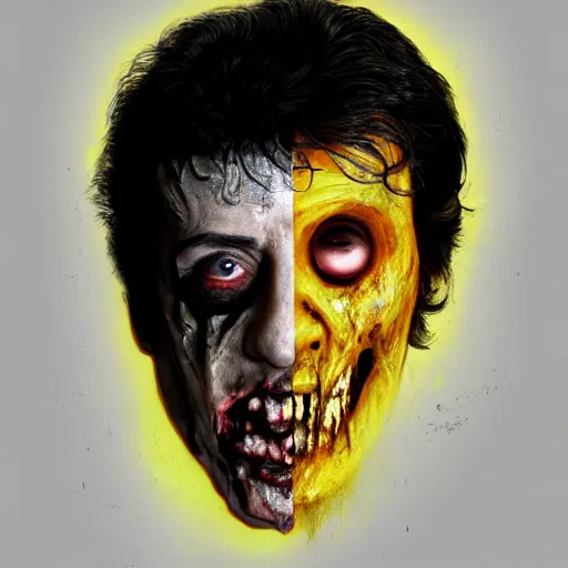 Prompt: sylvester stallone as a flesh eating zombie with cuts on face and yellow teeth, 7 days to die zombie, fine art, award winning, intricate, elegant, sharp focus, cinematic lighting, highly detailed, digital painting, 8 k concept art, art by guweiz and z. w. gu, masterpiece, trending on artstation, 8 k