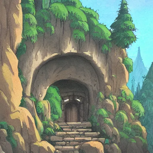 Image similar to beautiful painting of Entrance to a dungeon at the base of an ancient mountain in the morning light, in the style of Studio Ghibli, by Hayao Miyazaki