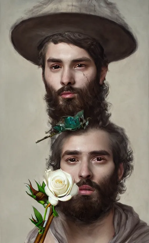 Image similar to a painting of a young bearded man holding a white rose and a stick, jester hat, small dog, a surrealist painting by marco mazzoni, cgsociety, neo - figurative, detailed painting, rococo, oil on canvas, seapunk, lovecraftian