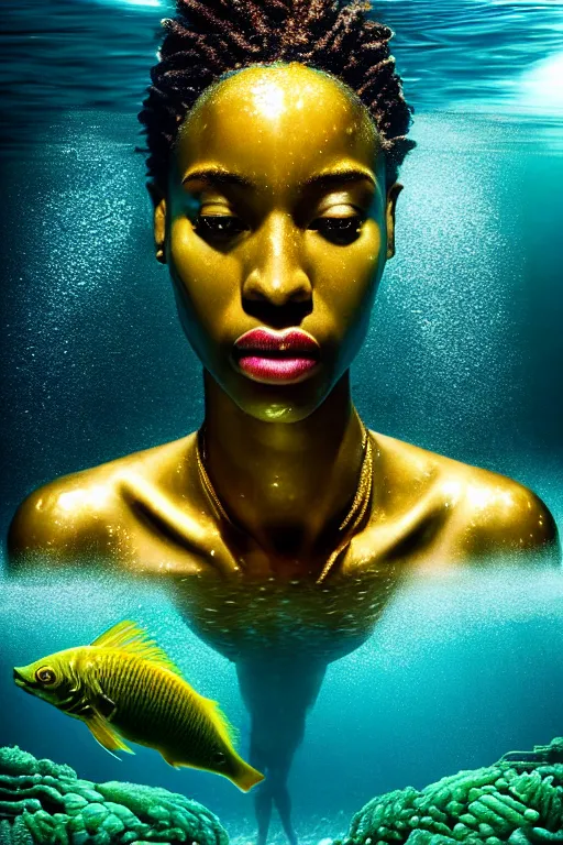 Prompt: hyperrealistic precisionist cinematic half underwater scene with fish and algae, very expressive! translucent elegant african goddess emerging from water, full body, gold jewerly, highly detailed face, digital art masterpiece, aykut aydogdu zener, dramatic volumetric light, long shot, low angle uhd 8 k, sharp focus