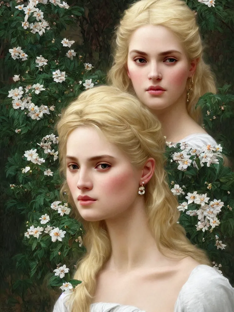 Prompt: 3/4 close up face Portrait of a beautiful Swedish princess in garden, white top, blond hair, piercing, intricate, elegant, highly detailed, artstation, concept art, intricate, highly detailed, sharp focus, exotic, orientalism, bouguereau, art by Artgerm and greg rutkowski and alphonse mucha