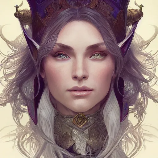 Image similar to full portrait of an elder elegant high elf , D&D, fantasy, intricate, cinematic lighting, highly detailed, digital painting, artstation, concept art, smooth, sharp focus, illustration, art by Terry Moore and Greg Rutkowski and Alphonse Mucha