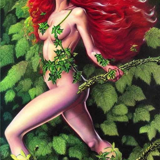 Image similar to poison ivy from batman, painting by Boris Vallejo