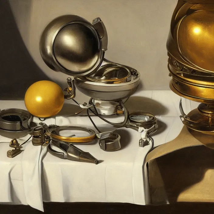 Image similar to still life painting of alien technology by pieter claesz, oil on canvas, strong lighting, highly detailed, hyper realism, golden hour, god rays, hd, 4 k