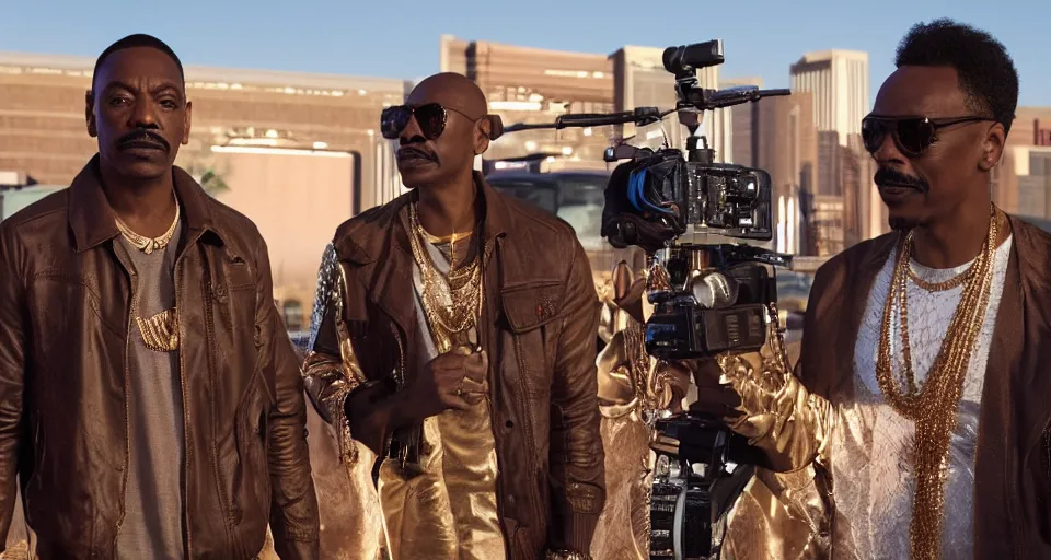 Prompt: first image afrofuturistic heist movie starring eddie murphy and dave chappelle, sundance official selection. shot on the las vegas strip with alexa mini, stunning cinematography, golden hour, filmgrain.