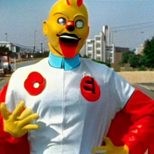 Image similar to A 1980s movie still of Jollibee as a supervillain