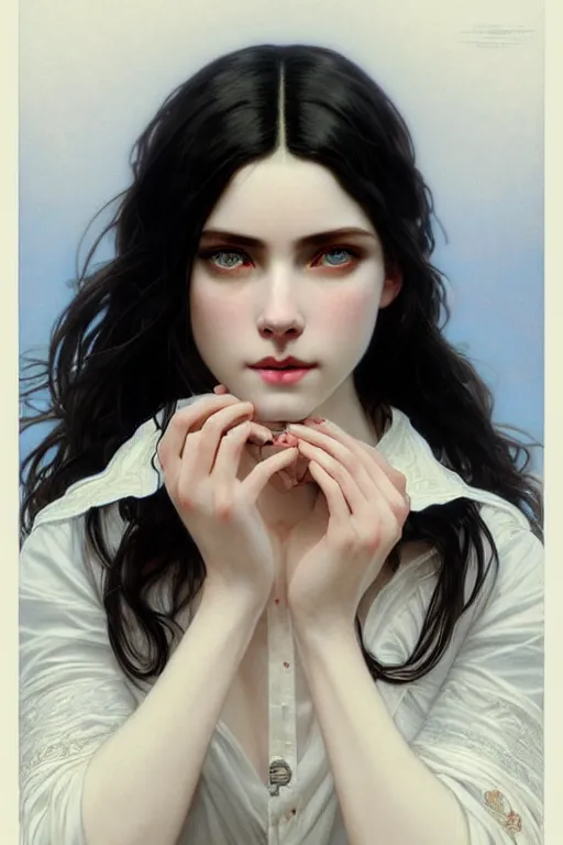 Image similar to ultra realistic, Beautiful black haired woman, Porcelain white complexion, big blue eyes, cute small lips., wearing jeans and white blouse, whip in hand, intricate details, eerie, highly detailed, octane render, 8k, art by artgerm and alphonse mucha and greg rutkowski