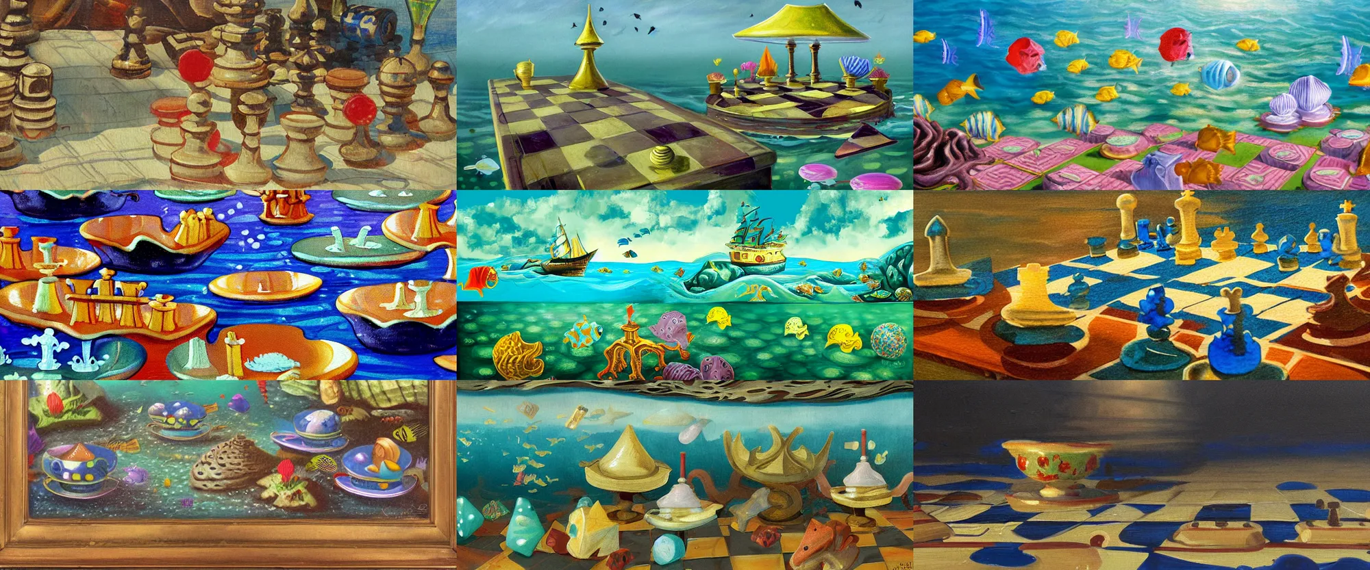 Prompt: landscape painting of an unusually decorated outdoor chessboards under the sea, dice, teacups