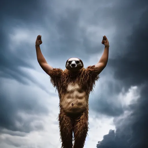 Prompt: thunder - god zeus mixed with anthropomorphic sloth in the clouds with thunder xf iq 4, f / 1. 4, iso 2 0 0, 1 / 1 6 0 s, 8 k, raw, unedited, symmetrical balance, in - frame