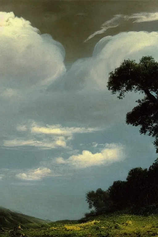 Prompt: mammatus pileus clouds over a summer landscape in the swiss alps forest and lake, arkhip kuindzhi