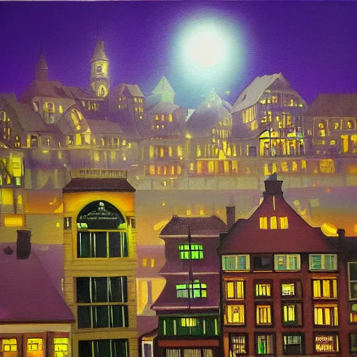 Prompt: hyperrealistic painting of old town, terrifying, purple dim light, ghosts flying from 8 floors building