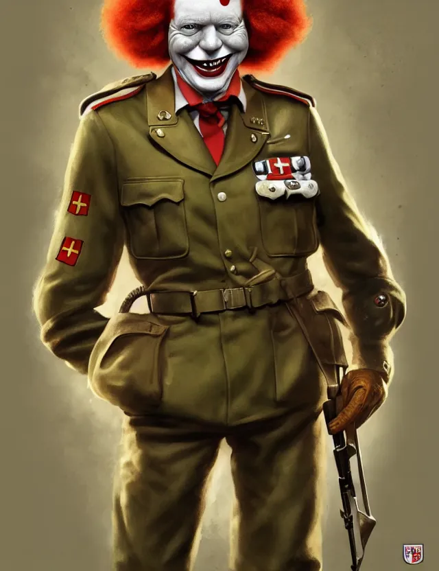 Prompt: a portrait of ronald mcdonald wearing a ww 2 german uniform, by moebius and tyler edlin and hr giger, trending on artstation, digital art, 4 k resolution, detailed, high quality, sharp focus, hq artwork, coherent, insane detail, concept art