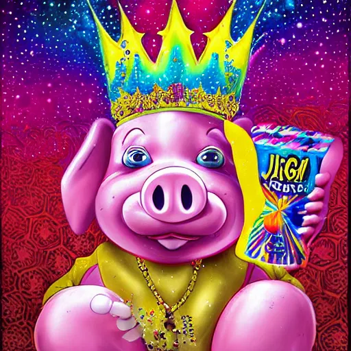 Image similar to lisa frank action pose pig wearing a gold crown throwing pop corn painting by android jones