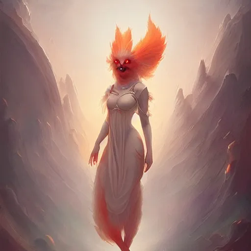 Image similar to prompt A beautiful white red orange kumiho, concept art, matte painting, by Peter Mohrbacher