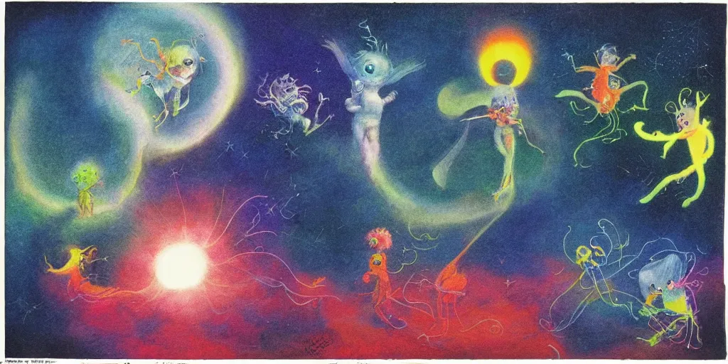 Image similar to dawn of creation; first atom; beings of light and darkness; ethereal plane. Bright neon colors. illustrated by maurice sendak and Stephen Gammell and ERIC CARLE