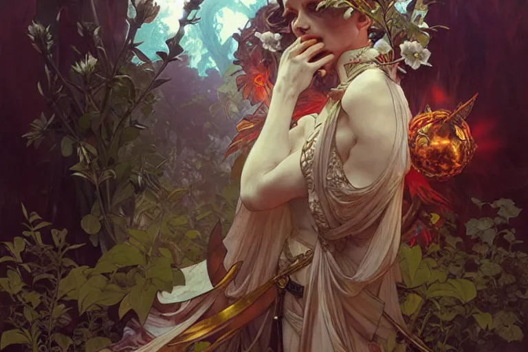 Image similar to ubermench, machiavellian garden, d & d, fantasy, ego death, decay, dmt, psilocybin, art by artgerm and greg rutkowski and alphonse mucha