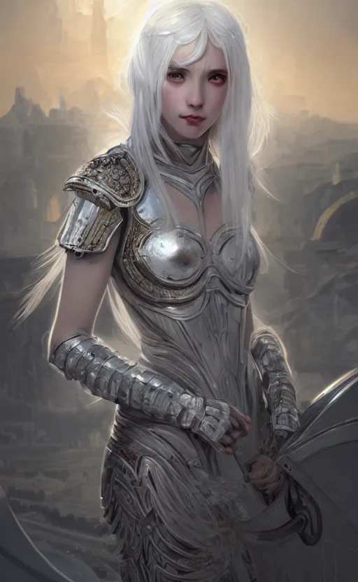 Image similar to portrait white hair knights of zodiac girl, sliver ice color reflected armor, in ruined agora of athens sunrise, ssci - fi and fantasy, intricate and very very beautiful and elegant, highly detailed, digital painting, artstation, concept art, smooth and sharp focus, illustration, art by tian zi and wlop and alphonse mucha