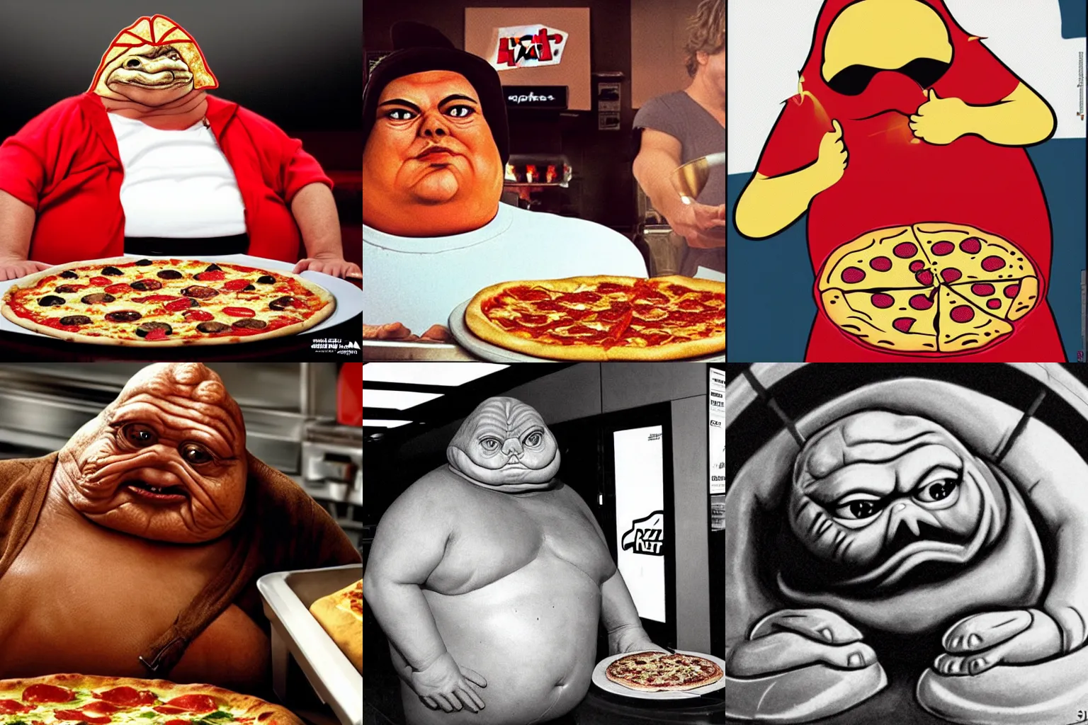 Prompt: Jabba the Hutt working at Pizza Hut by Steven Spielberg