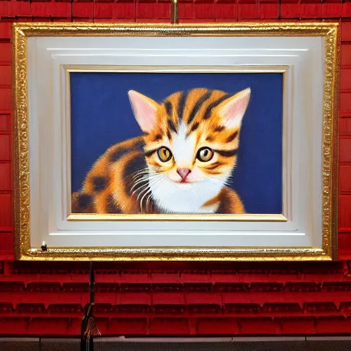 Image similar to highly realistic painting of a little cat alone on a big stage in grand theatre