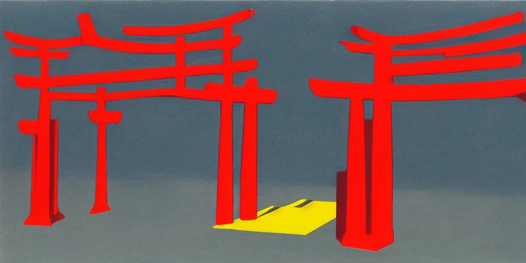 Image similar to Yellow school bus, a red japanese Torii gate by Victor Vasarely