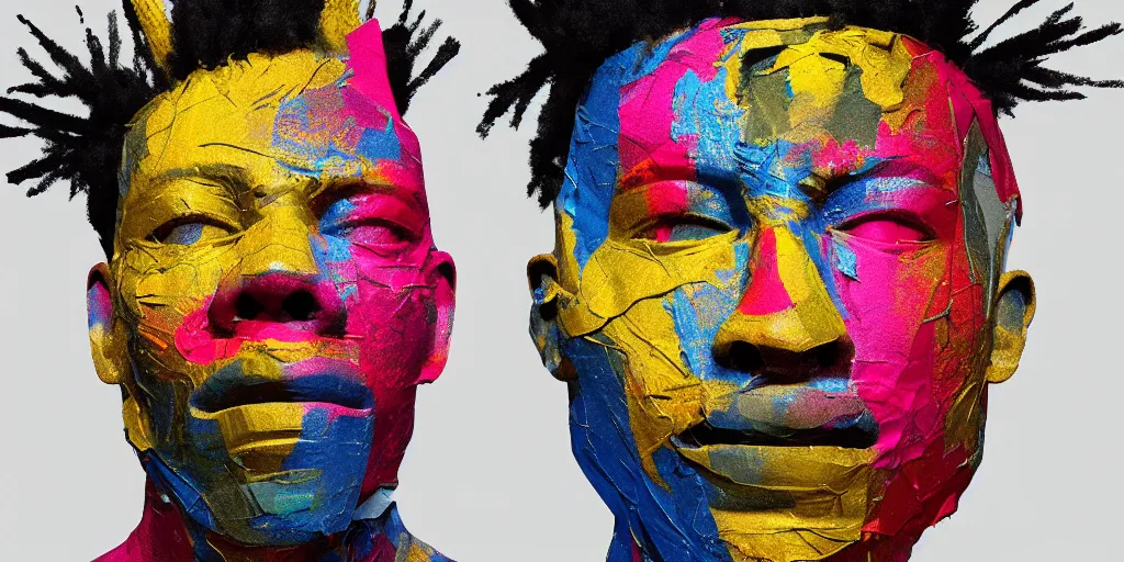 Prompt: a perfect bust of Jean-Michel Basquiat made out of crumpled colored foil, 3D cinematic lighting, spotlight at a 90 DEGREE ANGLE, photorealism, octane render, depth of field, 8k, 35mm, artgem, Trending on artstation