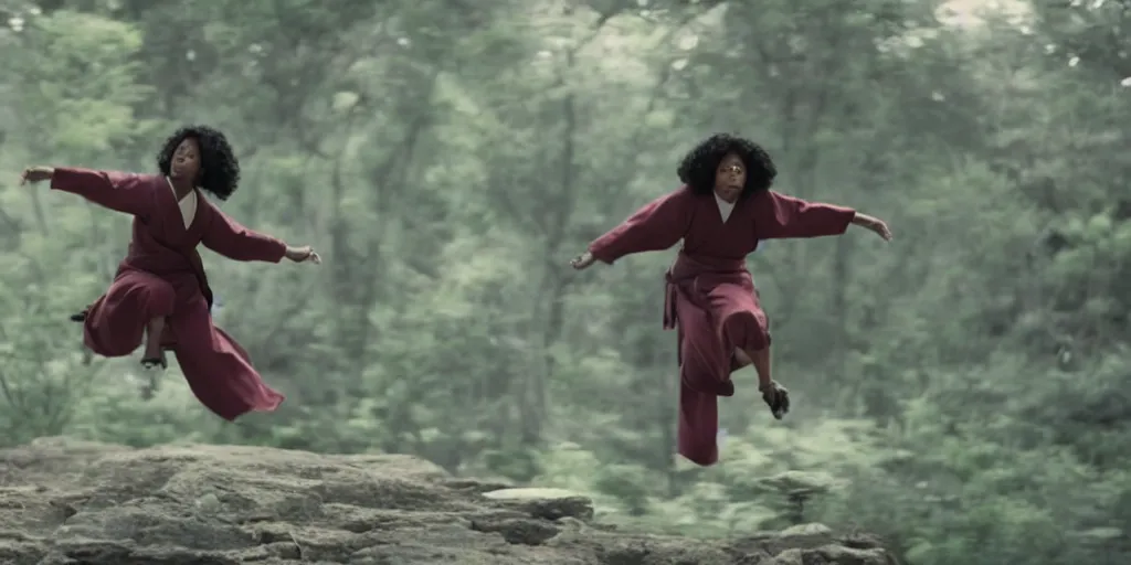 Image similar to a film still of an old black woman starring in a japanese blockbuster film as ancient sensei, levitating mid air, intense, shallow depth of field, cinematic, award winning cgi, vfx, film still