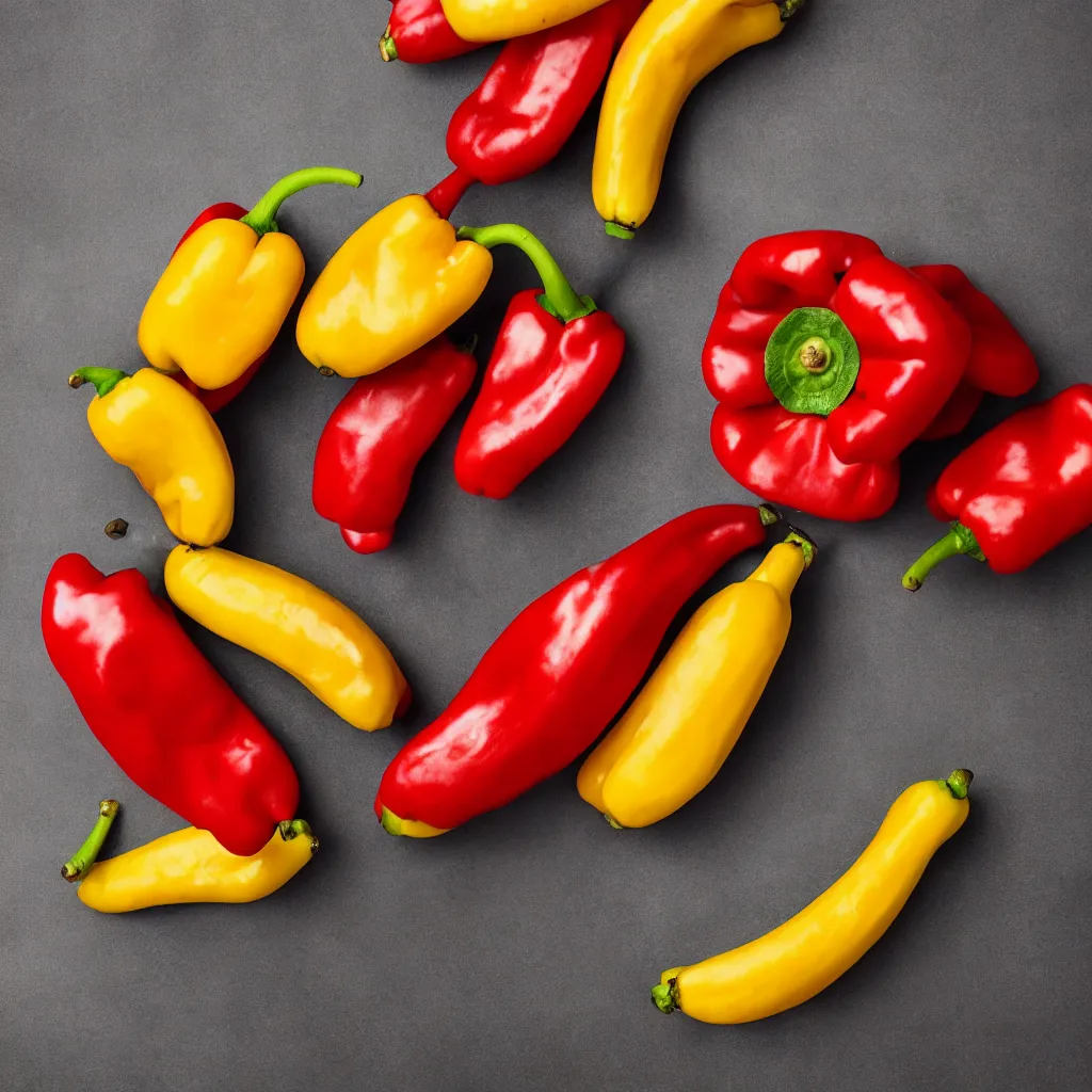 Image similar to fat bananas in the shape of red peppers and open oranges, closeup, hyper real, food photography, high quality