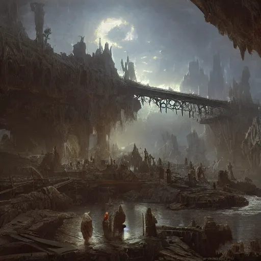 Prompt: a rickety bridge over a dark chasm with flying piles of bones, matte painting, fantasy art, by greg rutkowski, by andreas achenbach,