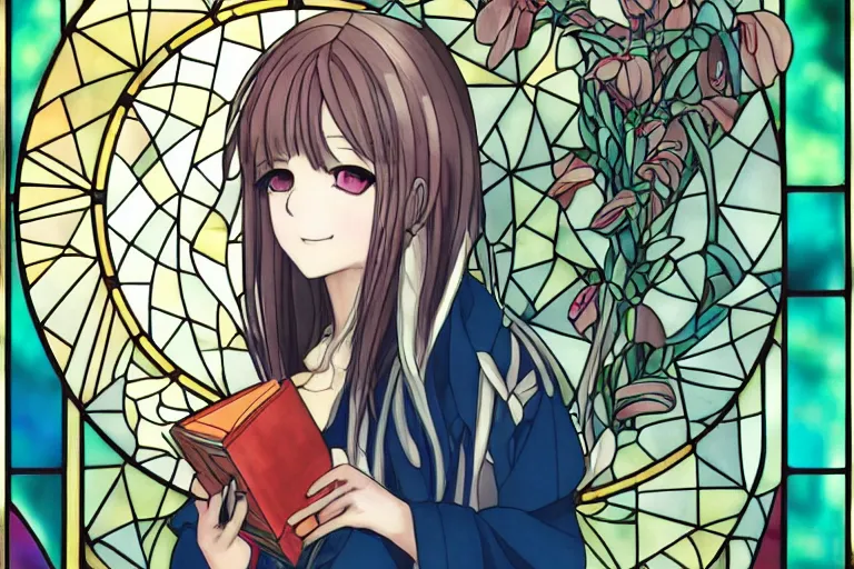 Prompt: very very beautiful cute anime girl, book in hand, art nouveau, stained glass window geometric, trending on artstation 8k