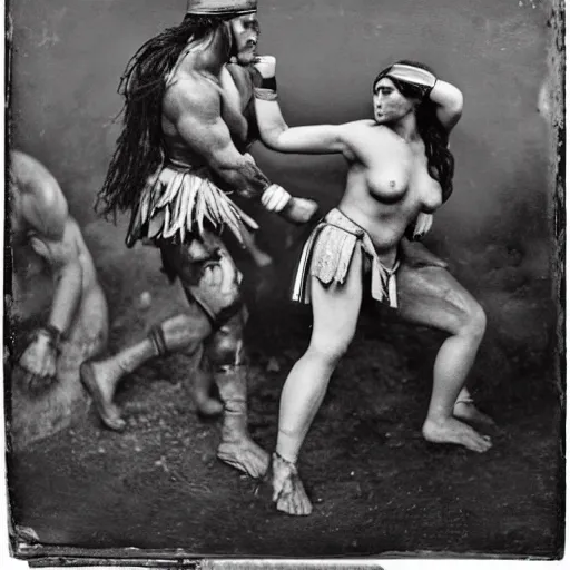 Prompt: amazonian warrior woman fistfighting spartan man, brutal fight, mixed - gender fight, fighting pit, sparta, daguerreotype photograph