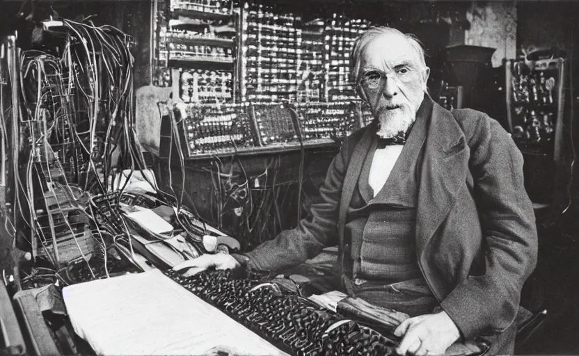 Image similar to movie still close-up portrait of an 19th century elderly man working on a 1880s supercomputer in a victorian house, by David Bailey, Cinestill 800t 50mm eastmancolor, heavy grainy picture, very detailed, high quality, 4k, HD criterion, precise texture and facial expression