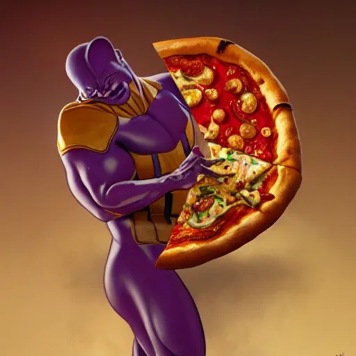 Prompt: ultra realistic illustration of the noid stealing a pizza from thanos, intricate, elegant, highly detailed, digital painting, artstation, concept art, smooth, sharp focus, illustration, art by artgerm and greg rutkowski and alphonse mucha