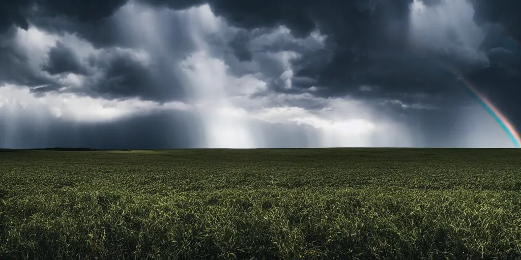 Image similar to detailed fields nature, super storm, faint rainbow, impressive, atmospheric, god rays, cinematic, deep colors, very high complexity, stunning, masterpiece, 3 5 mm, very detailed. 4 k