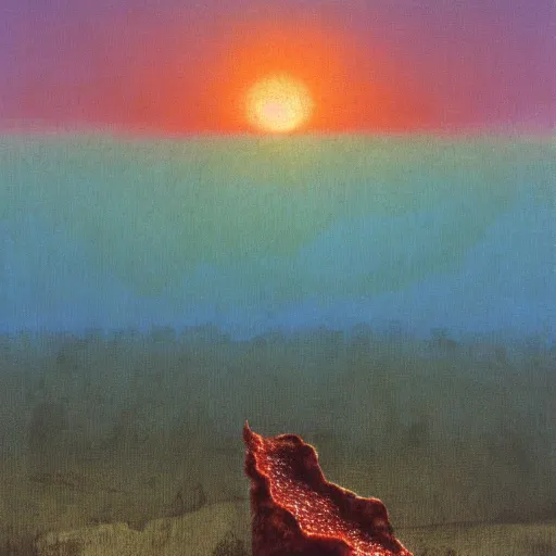 Image similar to a huge pizza in a strange valley, beksinski, sunset, 4 k, hyperrealistic