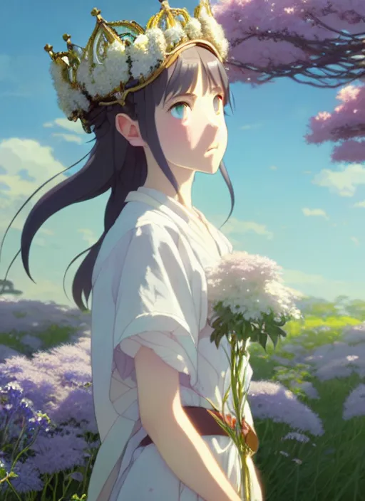 Image similar to a film still portrait of nymph girl with crown of flowers, finely detailed features, perfect art, trending on pixiv fanbox, painted by greg rutkowski makoto shinkai takashi takeuchi studio ghibli, akihiko yoshida,