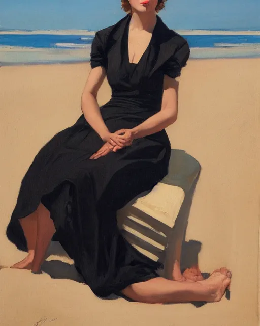 Image similar to woman sit on the beach in black dress, full body, leyendecker style, camera glare in oil style,