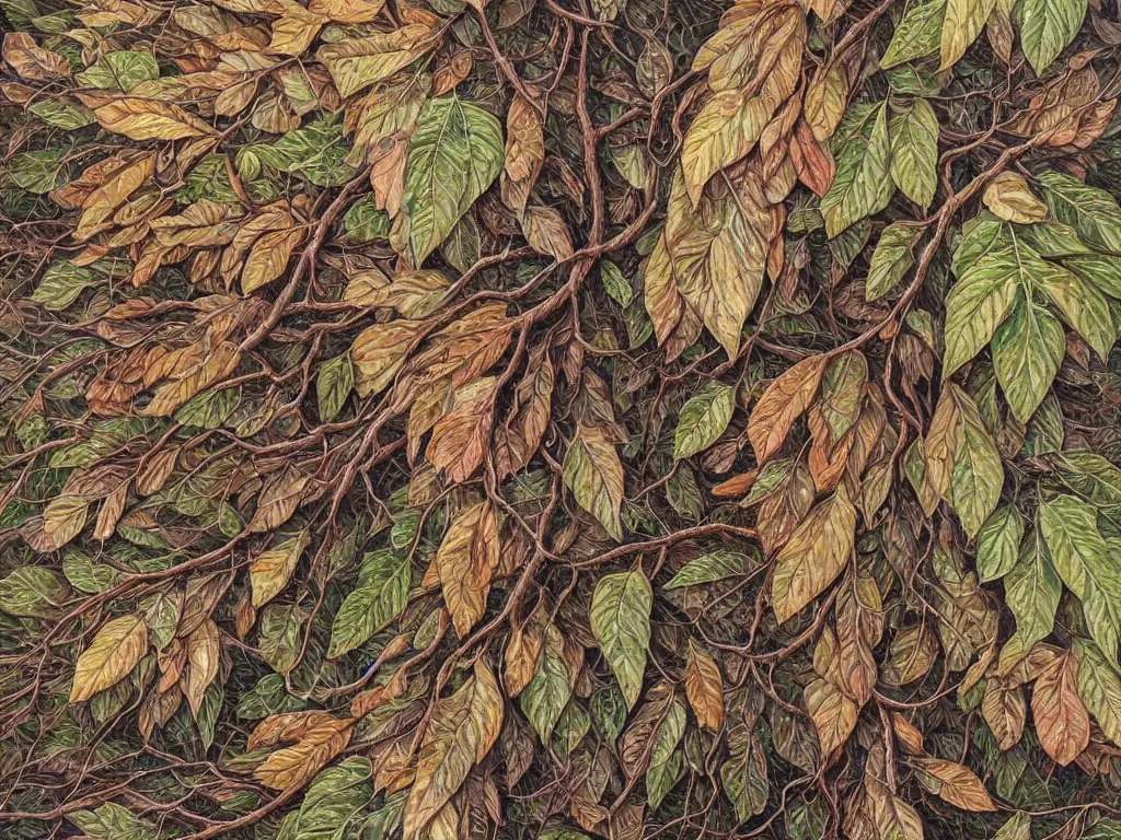 Prompt: a chaotic windy tornado of leaves, intricate details, aesthetically pleasing and harmonious natural colors, art by tiffany bozic, impressionism, detailed, dark, windy